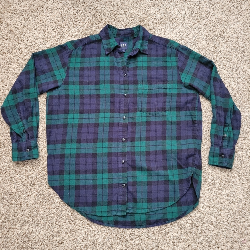 Gap The Big Shirt Button Up Down Plaid Blue Green 100% Cotton Flannel Size Small